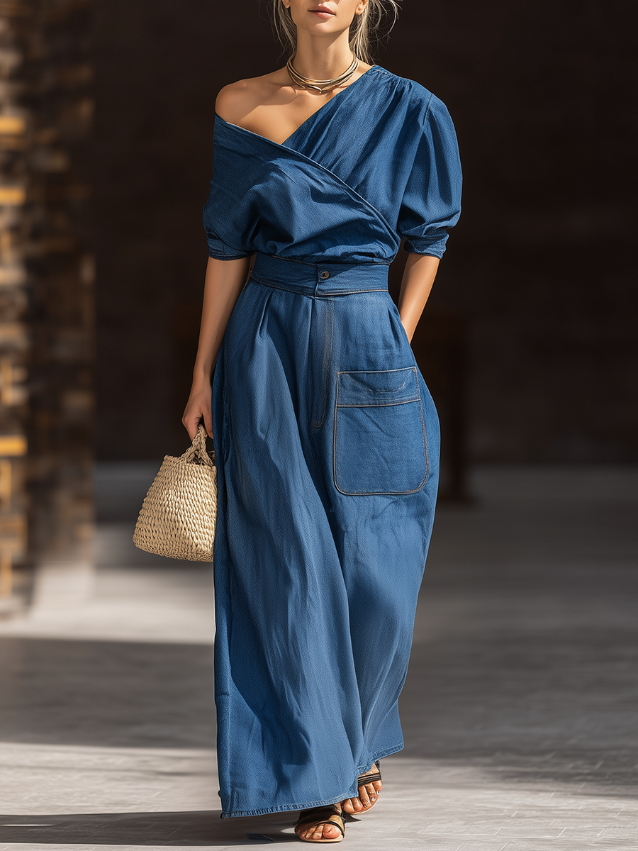 Retro-chic One-shoulder Asymmetrical Collar Top And Large-pocket Skirt Denim Set