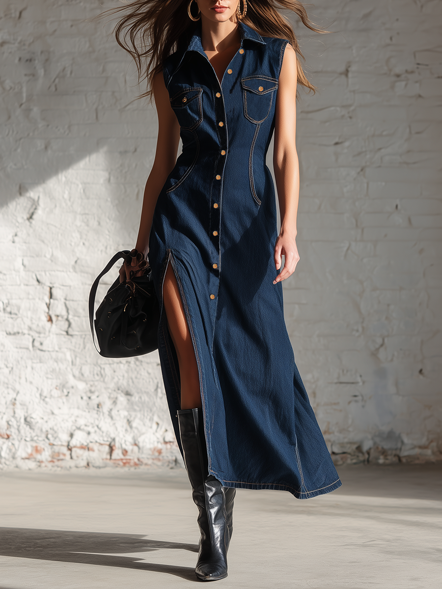 Stylish Simple Sleeveless Lapel Collar Front Button Closure Side Slits Visible Stitching Blue Maxi Dress