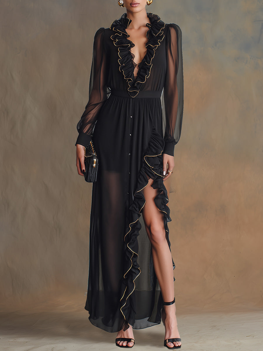 Retro Fashion Exquisite Gold Trim Ruffled V-neck Sheer Long Sleeves Black Chiffon Slit Maxi Dress