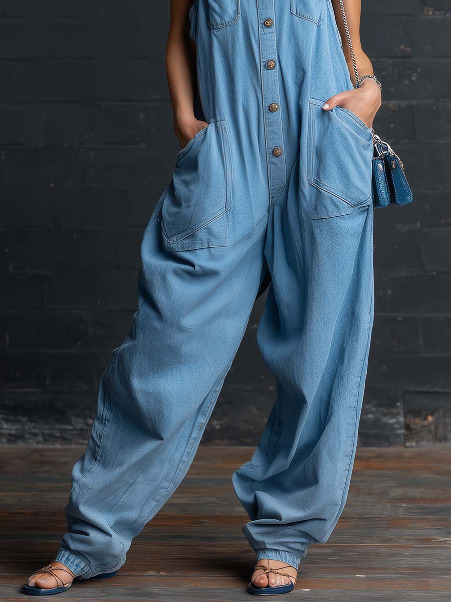 Retro Casual V-neck Front Button Light Blue Denim Jumpsuit