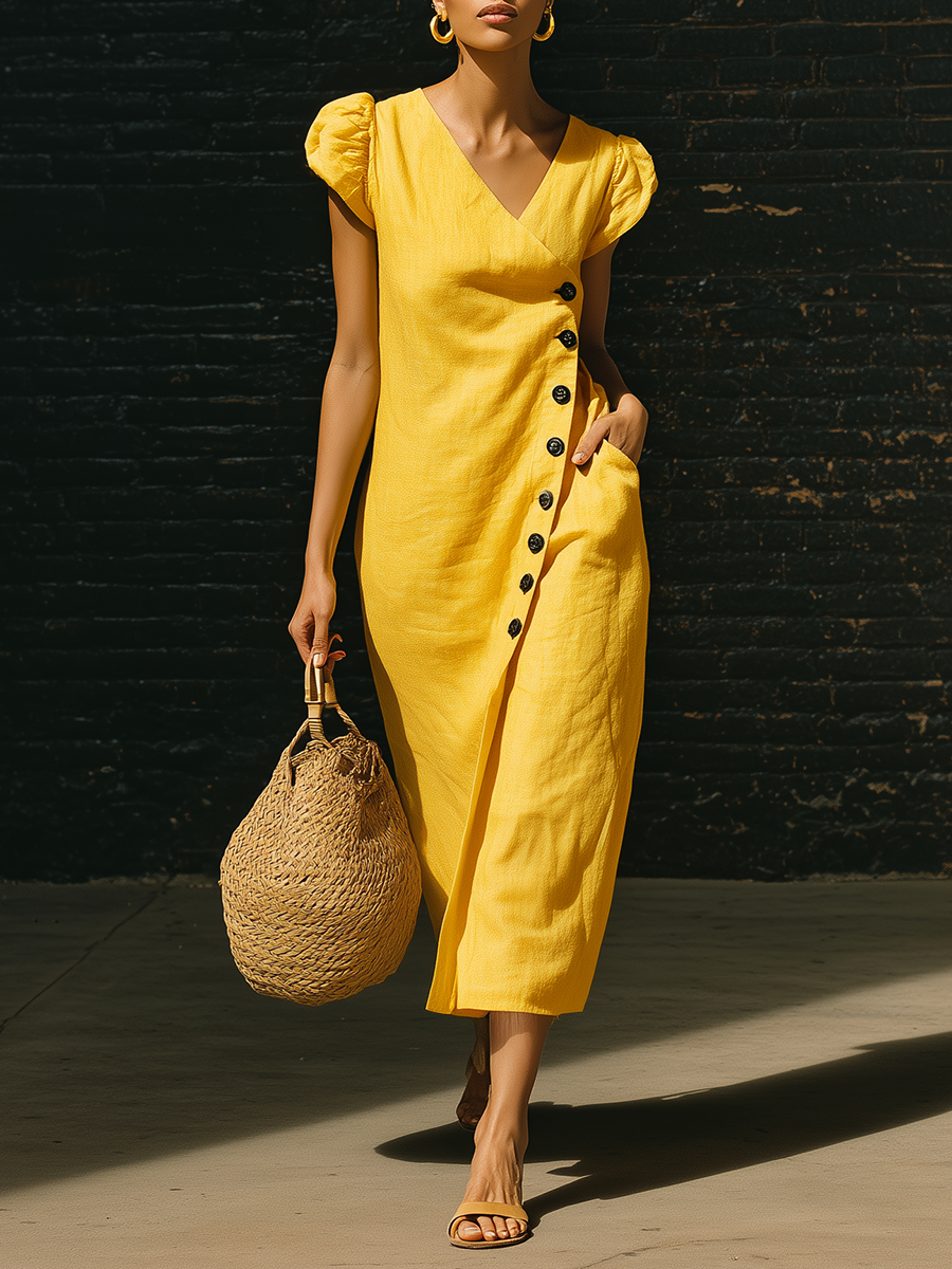 Urban Yellow Linen Puff Sleeved With Side Slit And Buttons Midi Dress