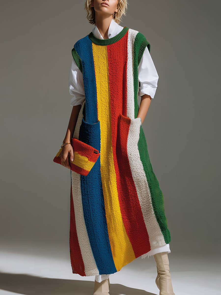 Retro Lazy Loose Round Neck Sleeveless Colorful Striped Contrast Knit Maxi Dress