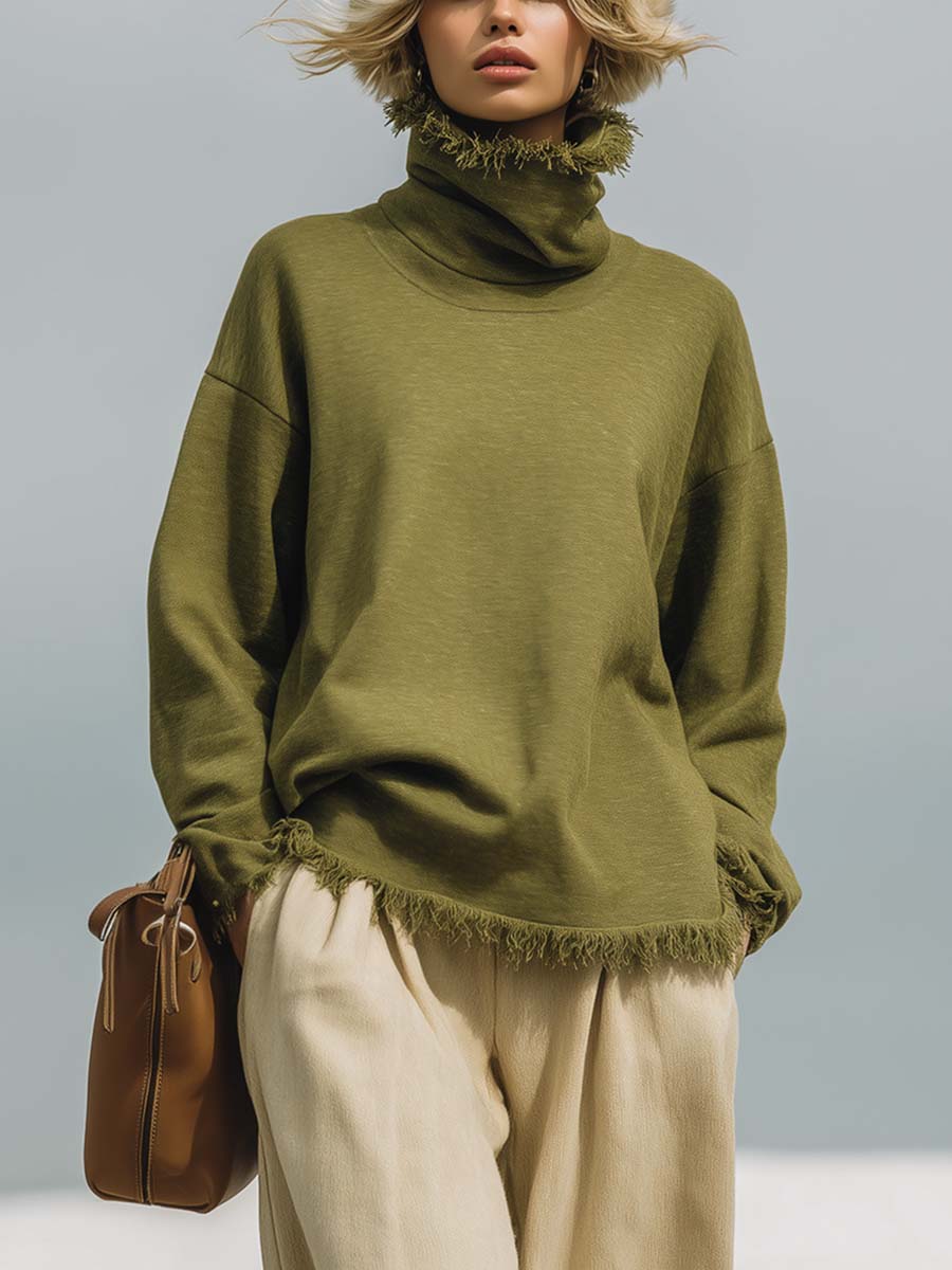 Temperament And Fashion Comfortable High Collar Tassel Edge Green Sweatshirt
