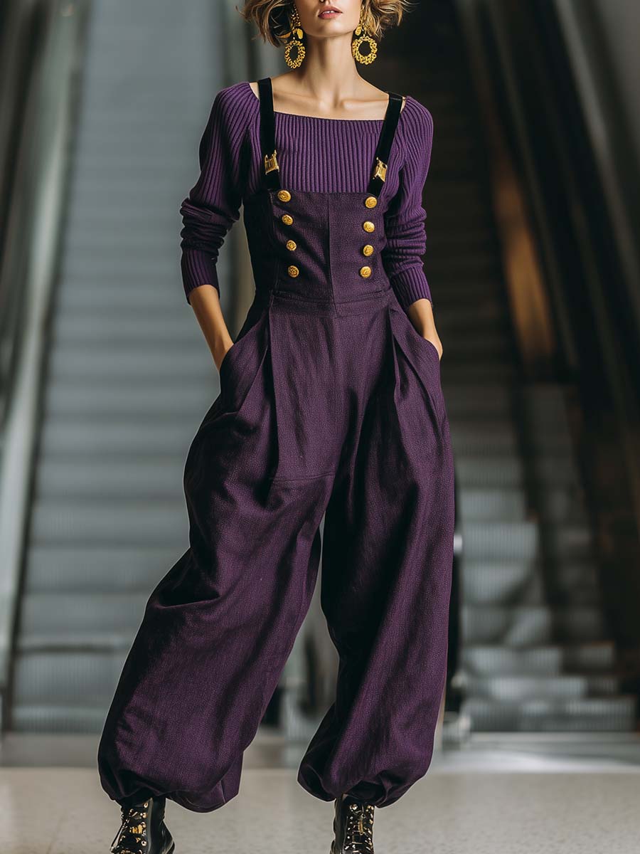 Retro Urban Dark Purple Knitted Straight Collar Top And Cotton Metal Button Decorated Overalls Set