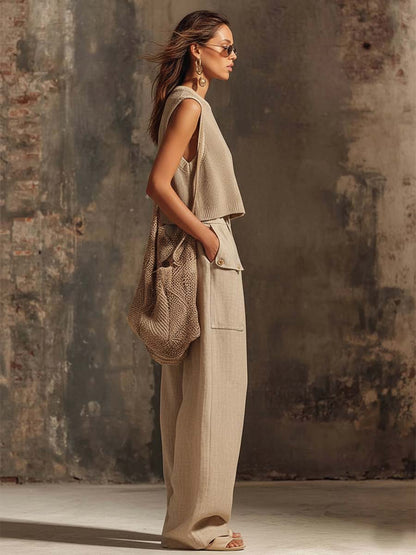 Casual Breathable Urban Style Beige Knitted Top And Cotton Pants Set