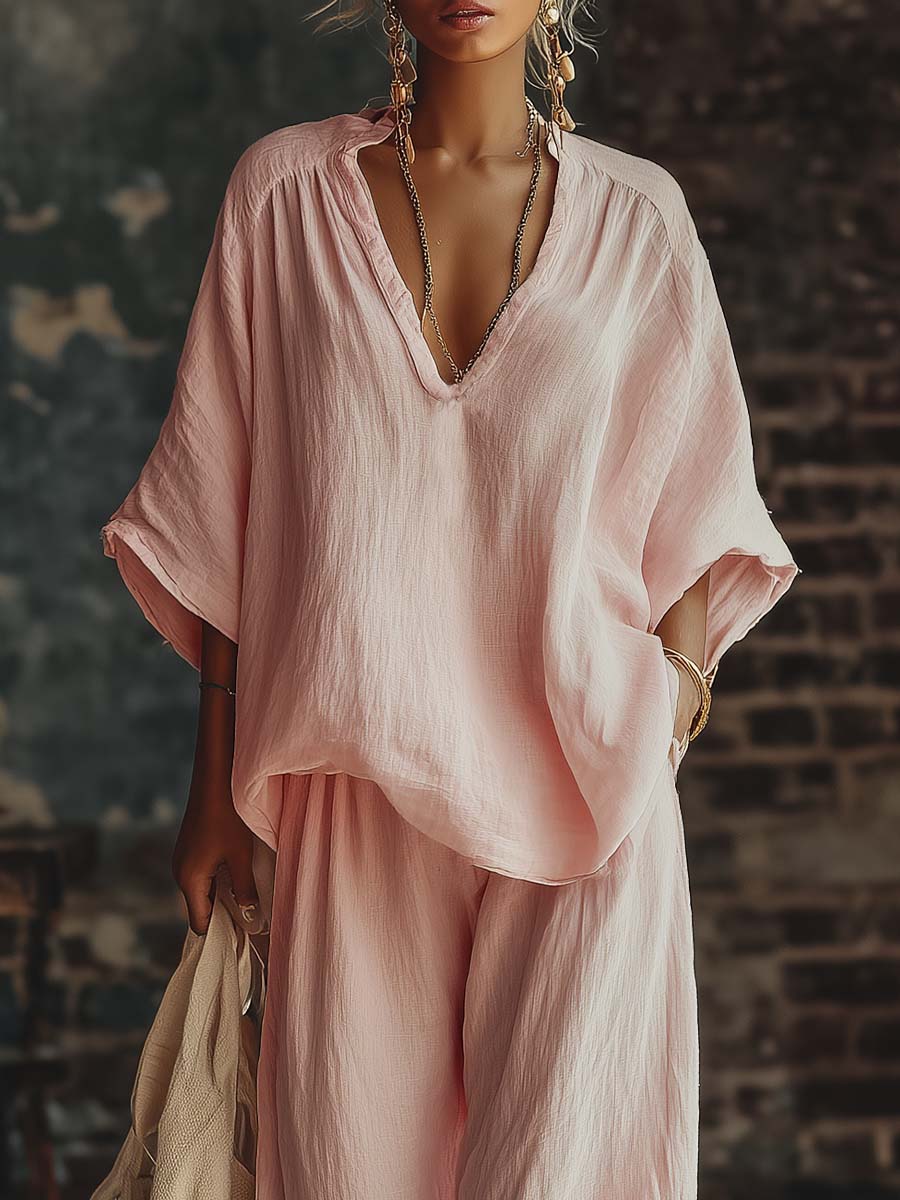 Casual Urban Bohemian Style V-neck Pink Cotton Blouse And Pants Set