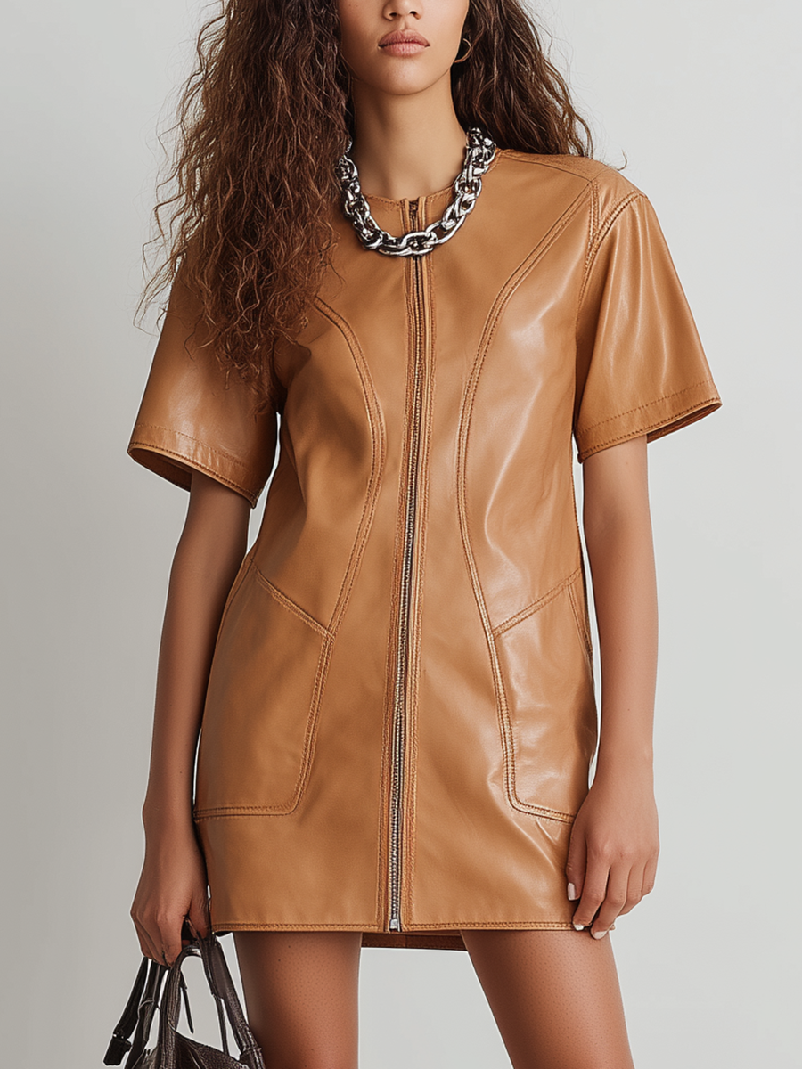 Stylish Retro Short-sleeved Front Zipper Contrasting Faux Leather Brown Mini Skirt