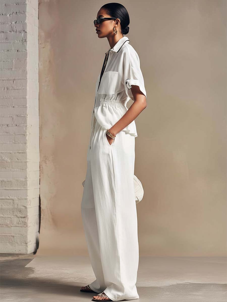 Elegant And Casual Urban Style Front Zipper White Cotton Top And Pants Set