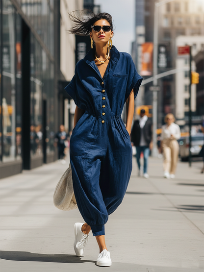 Stylish Simple Loose-fitting Short-sleeved Collared Front-button Cotton Blue Jumpsuit
