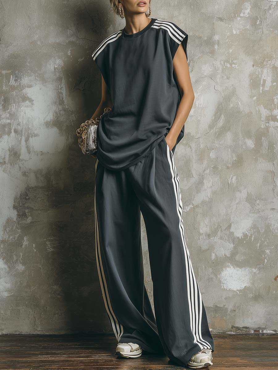Casual Comfortable Sporty White Striped Dark Gray Cotton Crew Neck Sleeveless Top And Pants Set