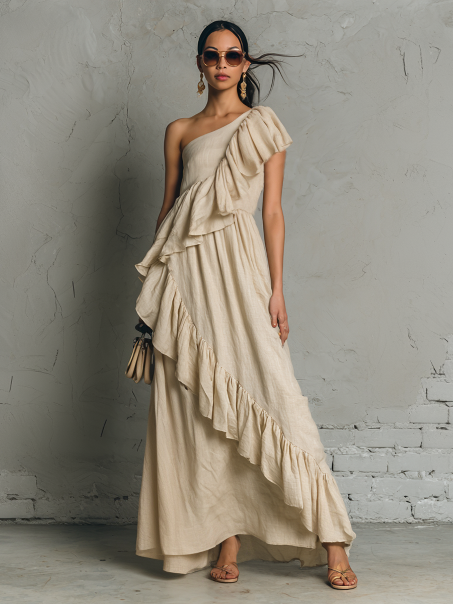 Stylish Simple Loose-fitting Sleeveless Ruffle Trim One Shoulder Beige Linen Maxi Dress