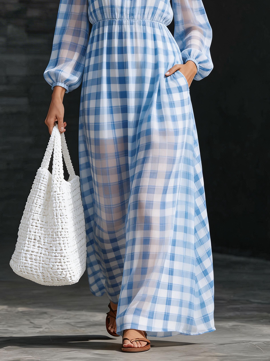 Retro Blue Plaid Chiffon Print Off Shoulder Maxi Dress