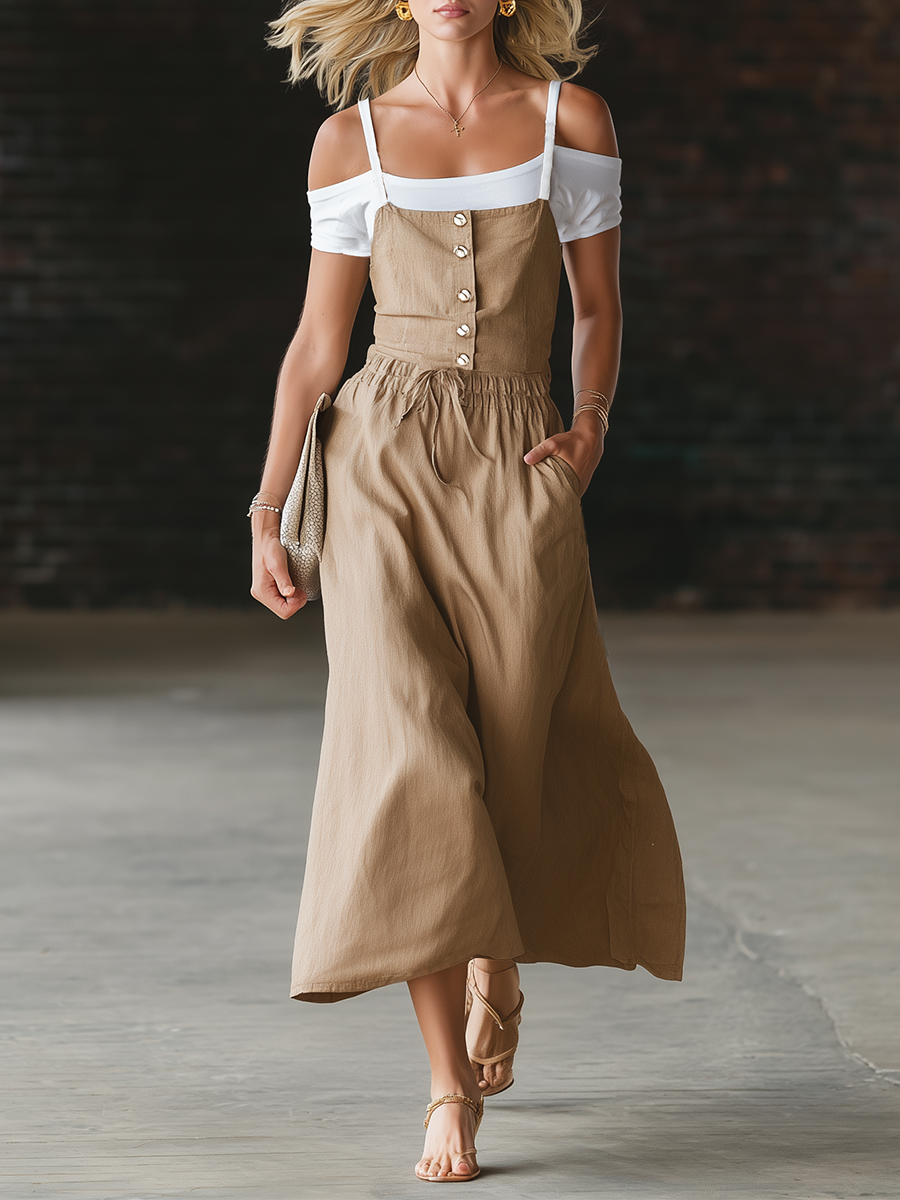 Casual Beige Cotton Linen Elastic Drawstring Midi Dress