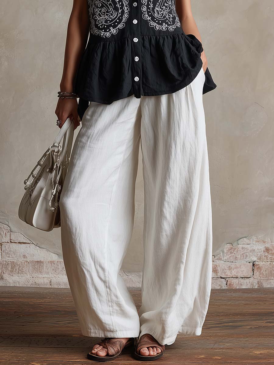 Retro Casual Paisley Embroidered Black Button-down Top And White Cotton-linen Trousers Set