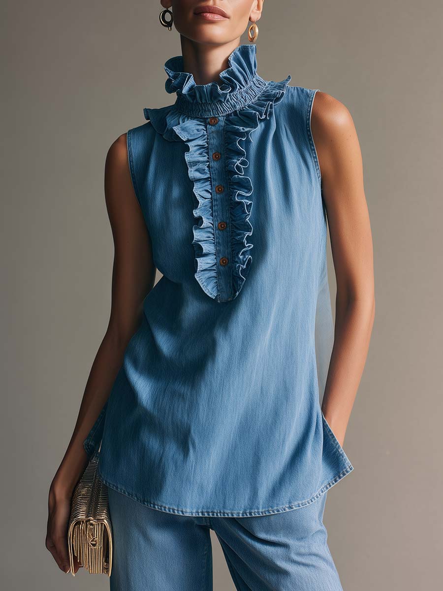 Elegant Retro Ruffled Collar Front Button Sleeveless Blue Denim Blouse