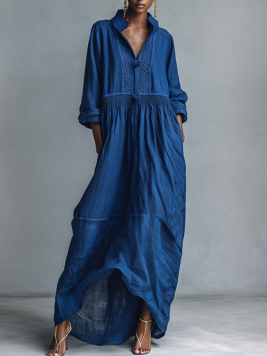 Vintage Elegant Lapel D Floral Buttons Dark Blue Linen Maxi Dress