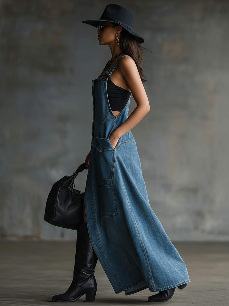 Vintage-style Loose-fitting Adjustable Shoulder Straps Front Button Closure Side Slit Pockets Blue Denim Dress