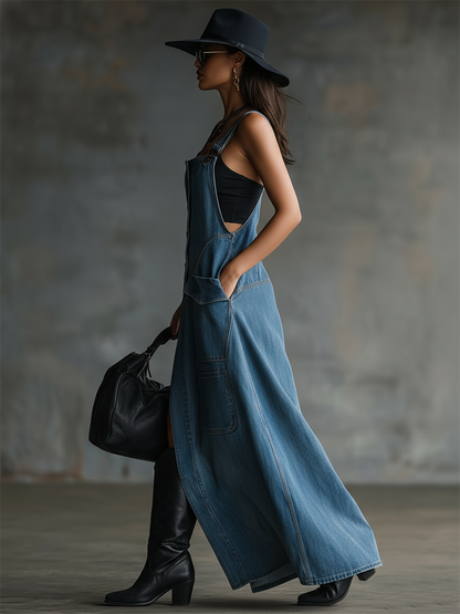 Vintage-style Loose-fitting Adjustable Shoulder Straps Front Button Closure Side Slit Pockets Blue Denim Dress