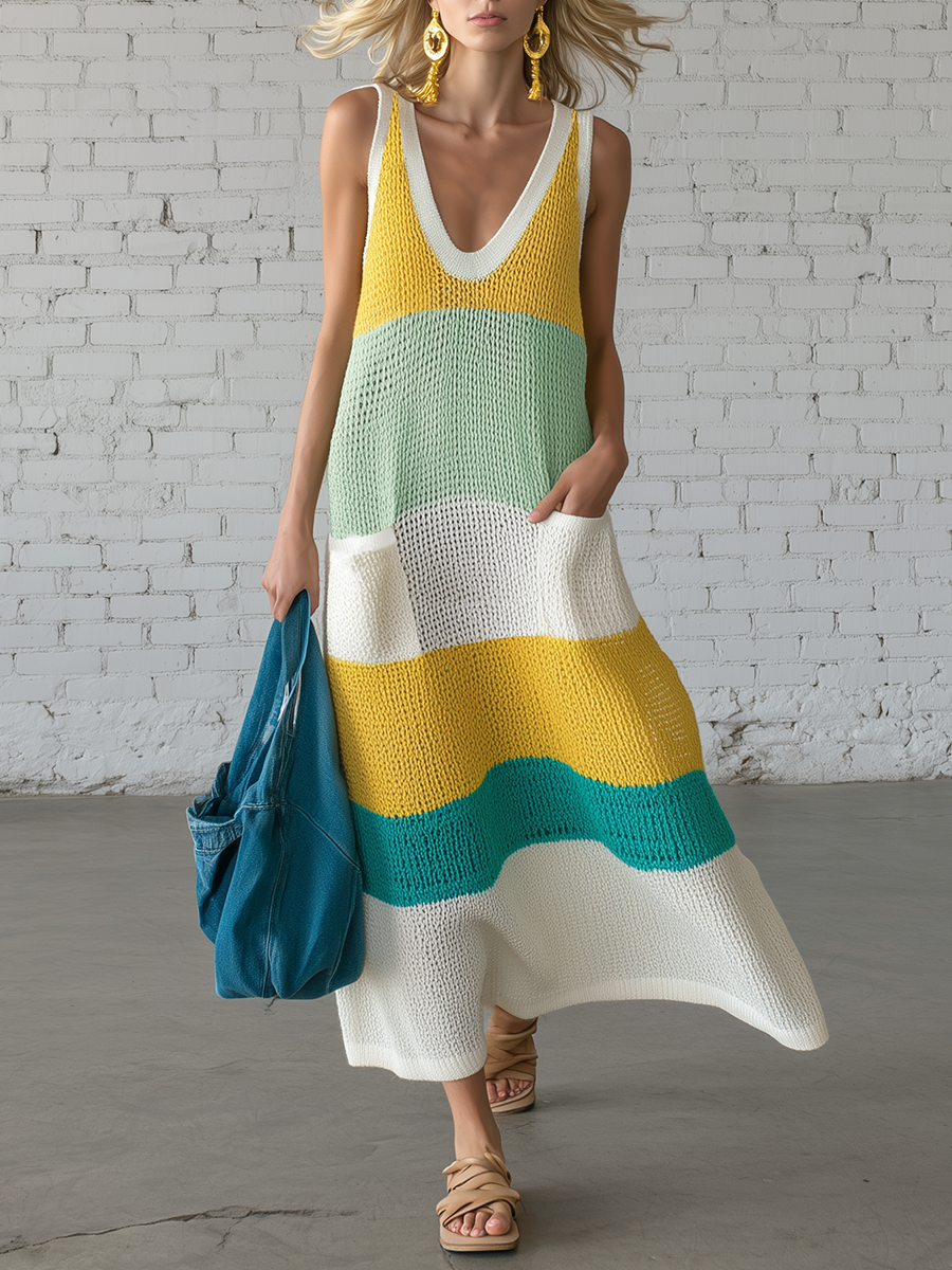 Casual V-neck Sleeveless Knitted With Yellow And Green Stripes Maxi Dress