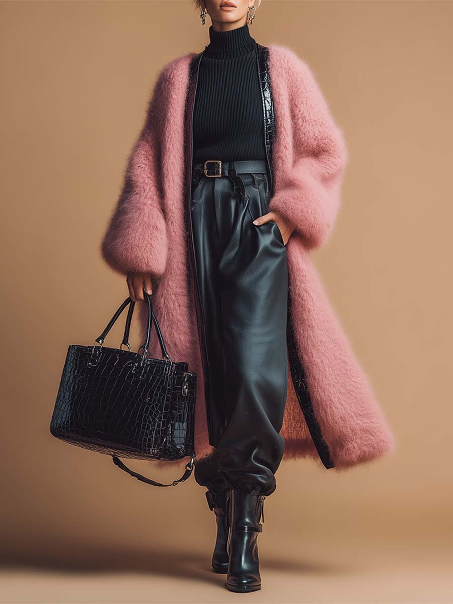 Retro Fashion Pink Leather Knitted Cardigan