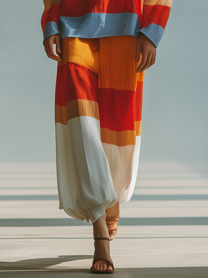 Stylish Simple Striped Loose-fitting Long-sleeved Round-neck Top And Wide-leg Chiffon Pants Set