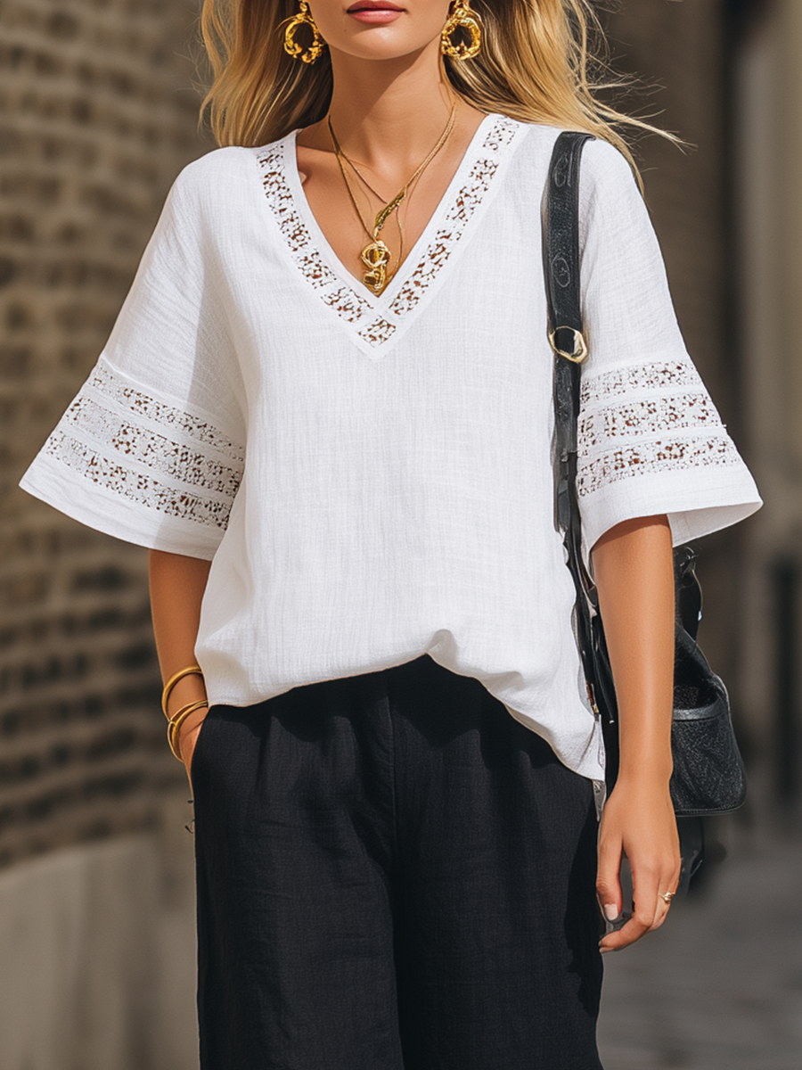 Casual White Cotton Linen V-Neck Short Sleeve Top And Black Wide Leg Pants Set