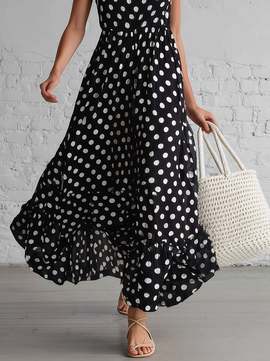 Resort Style Black Polka Dot Sleeveless Lace Patchwork Maxi Dress
