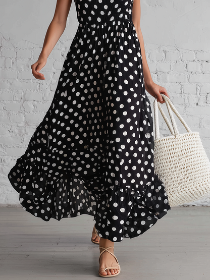 Resort Style Black Polka Dot Sleeveless Lace Patchwork Maxi Dress