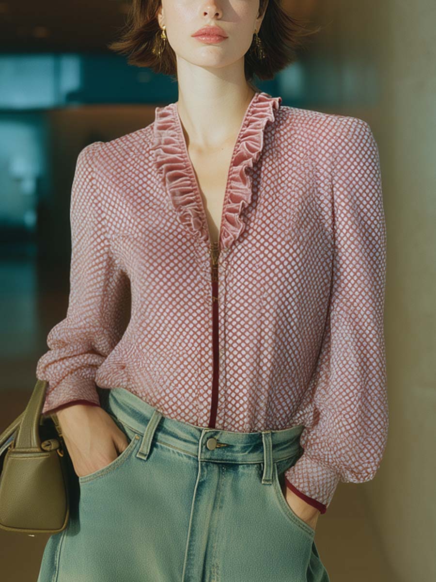 Retro Chic Ruffled V-neck Zipper-front Light Pink Velvet Fish Scale Print Shirt