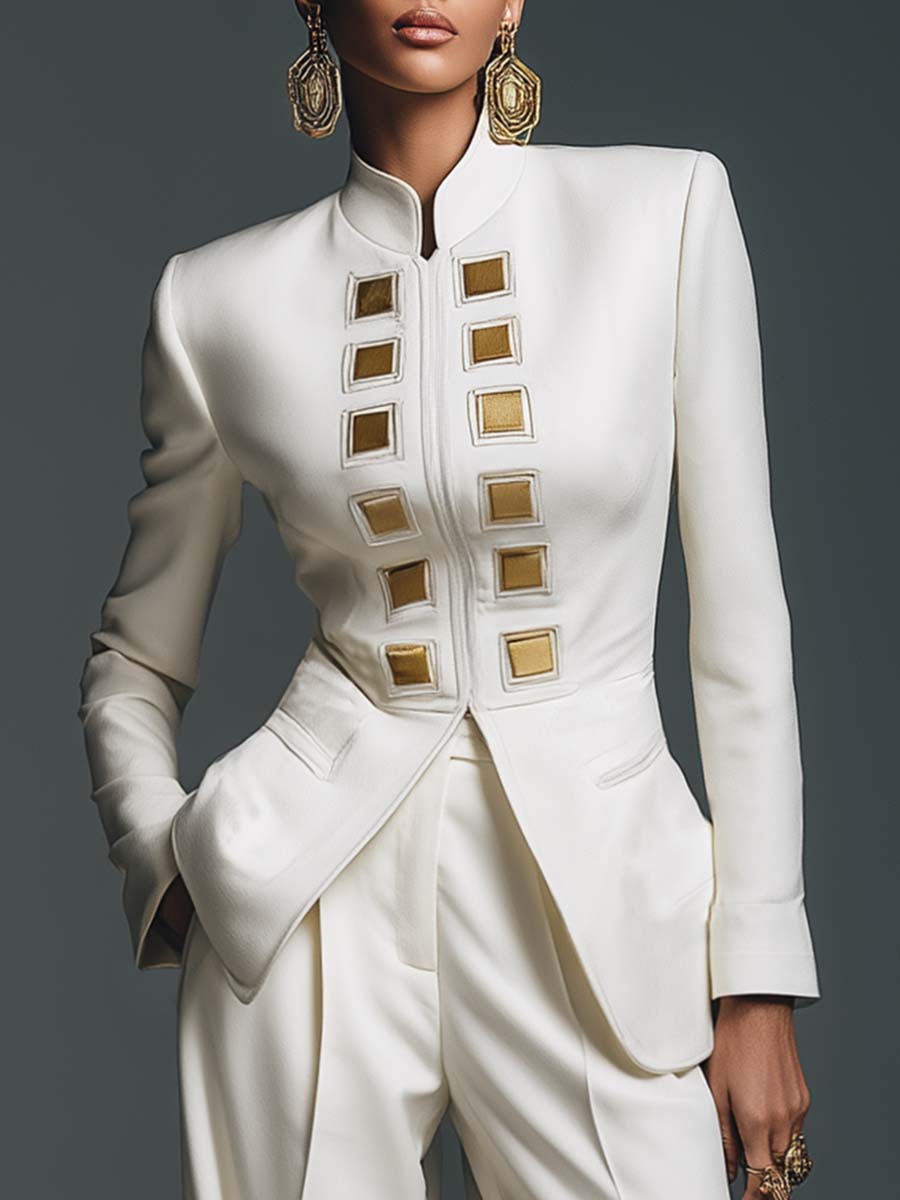Ultra-high Quality Elegant Small Stand-up Collar Front Zipper Square Metal Decoration White Jacket