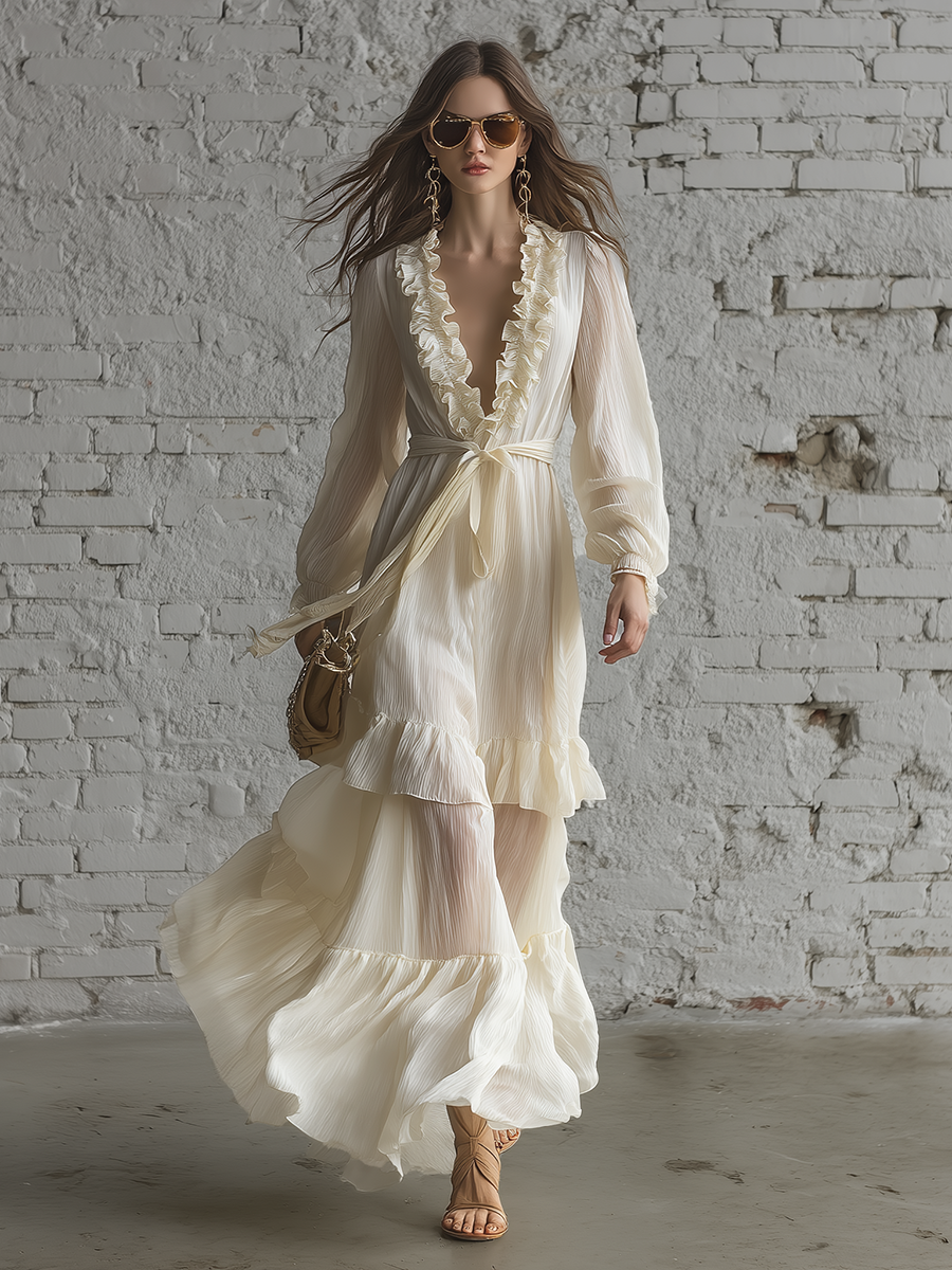 Stylish Simple Loose-fitting Long-sleeved V-neck Tie Ruffled Hem Pleated White Chiffon Dress