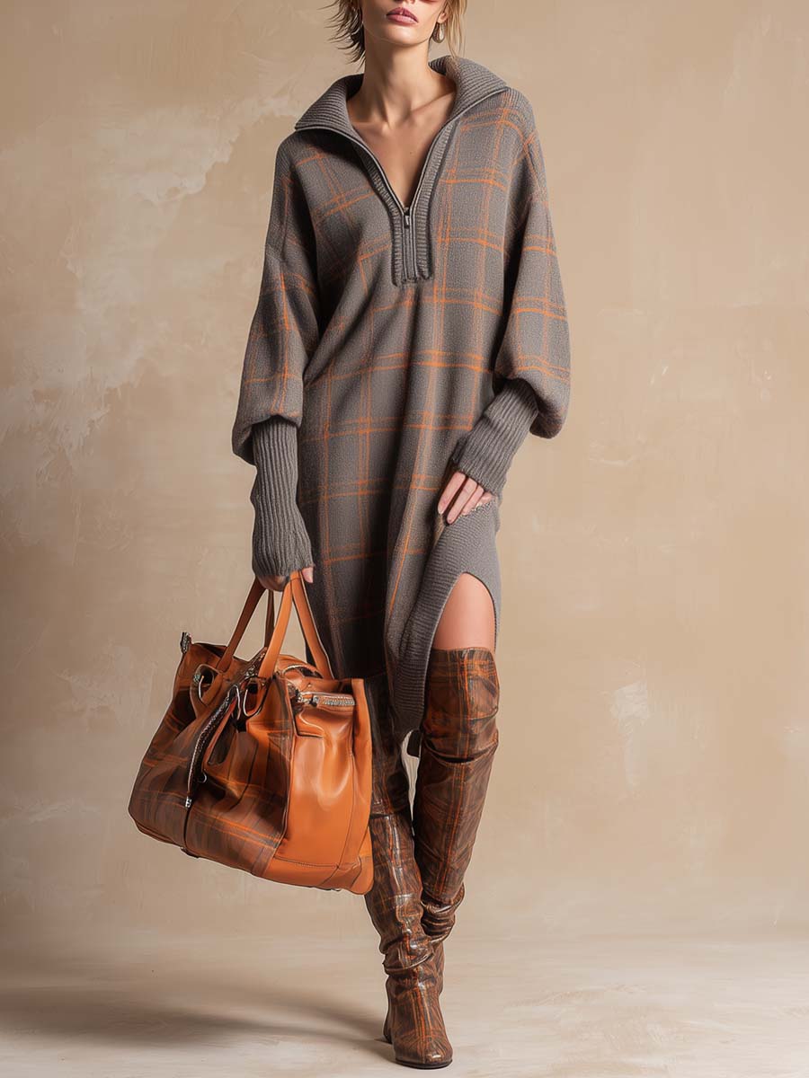 Retro Comfortable Fashion Front Lapel Zipper Orange Plaid Gray Knitted Slit Midi Dress