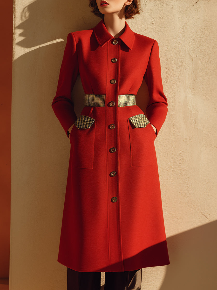 High-end Fashionable Gold Ribbon At Waist Red Woolen Coat