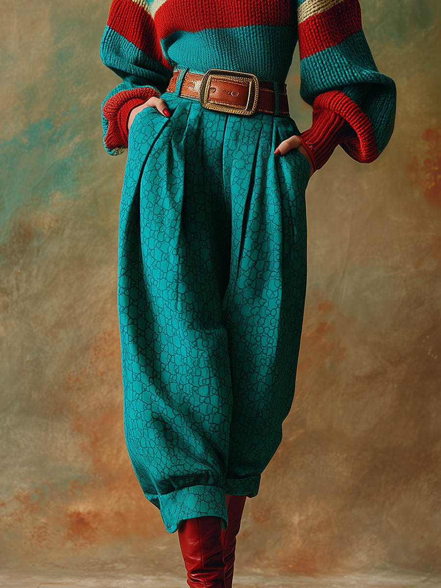 Exquisite Retro Versatile Printed Lake Blue Cropped Tapered Pants