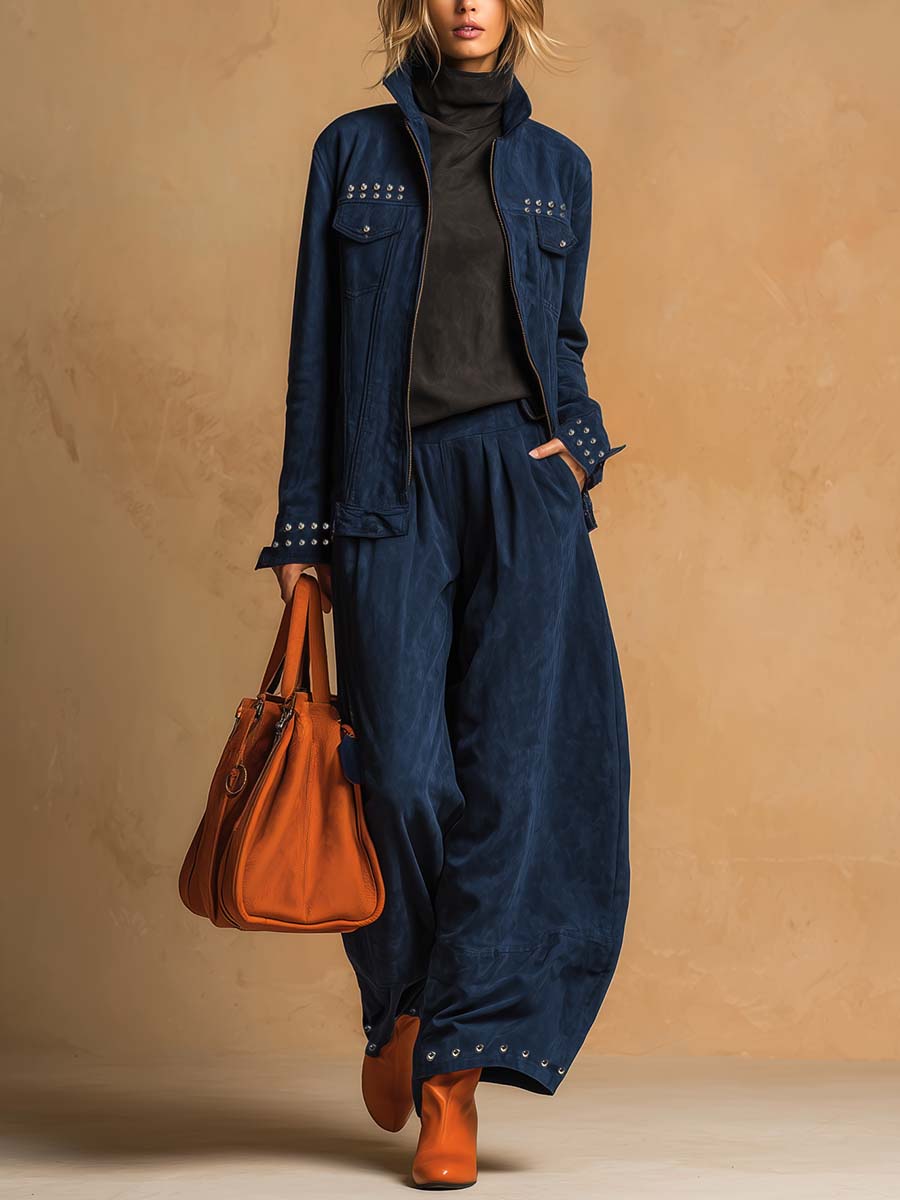 Exquisite Vintage Dark Blue Suede Front Zipper Rivet Decorated Jacket And Wide-leg Pants Set