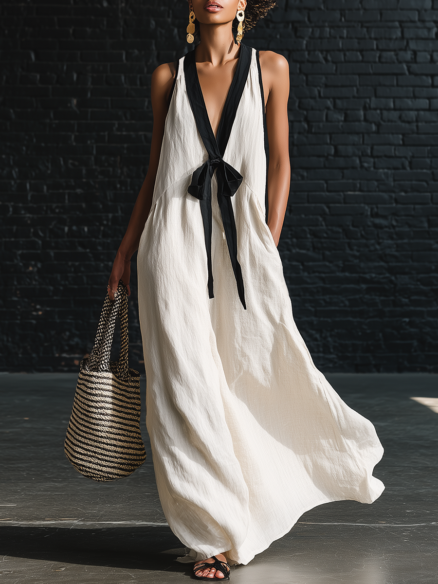 Bohemian Style White And Black Color Blocked Sleeveless V-neck Maxi Dress