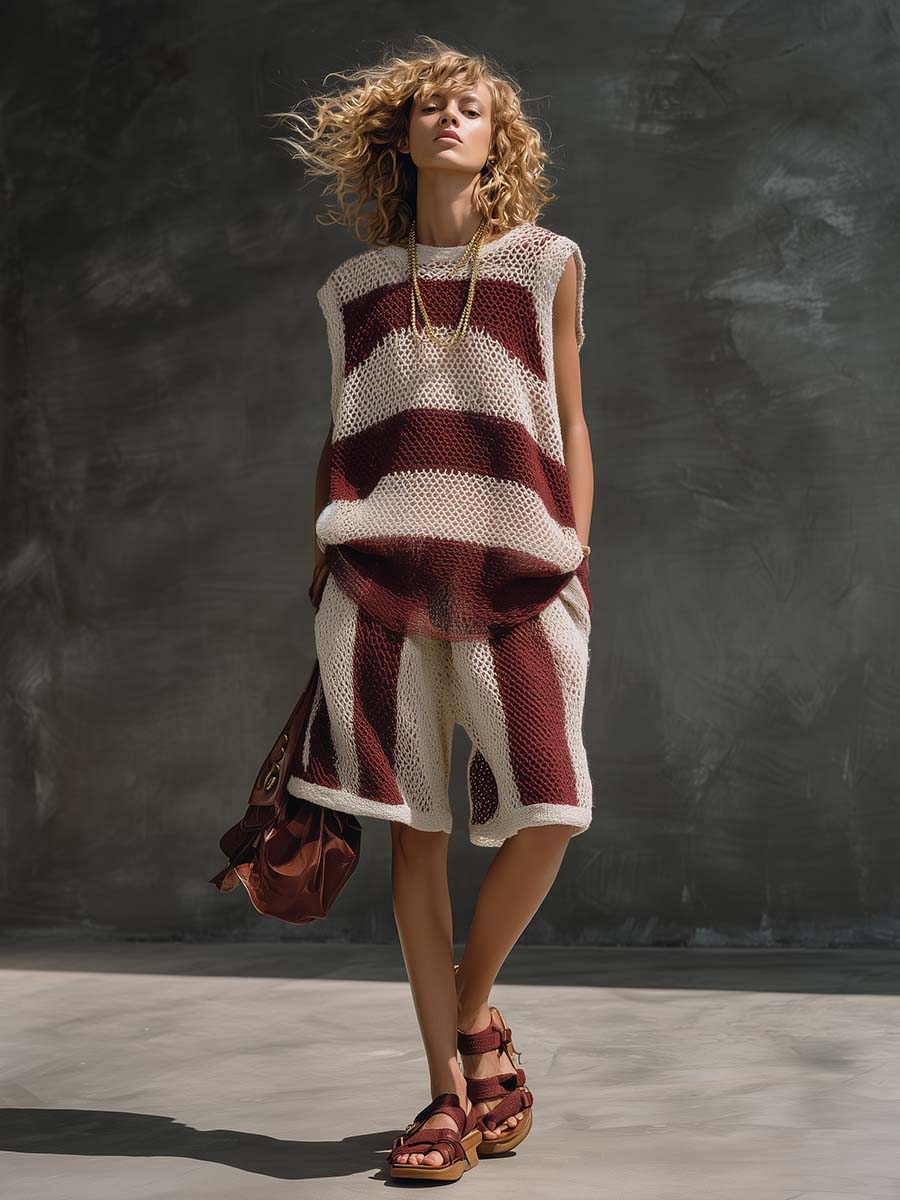Retro Casual Burgundy And White Striped Openwork Knit Top And Pants Set