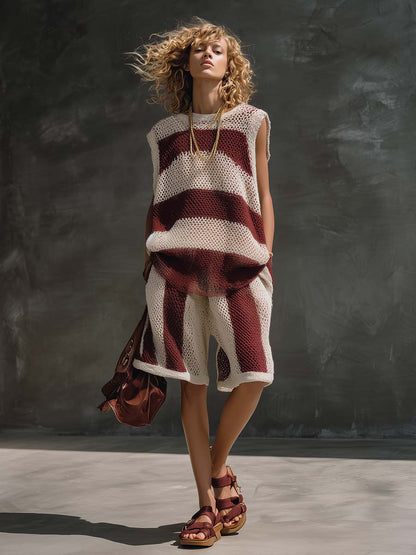 Retro Casual Burgundy And White Striped Openwork Knit Top And Pants Set