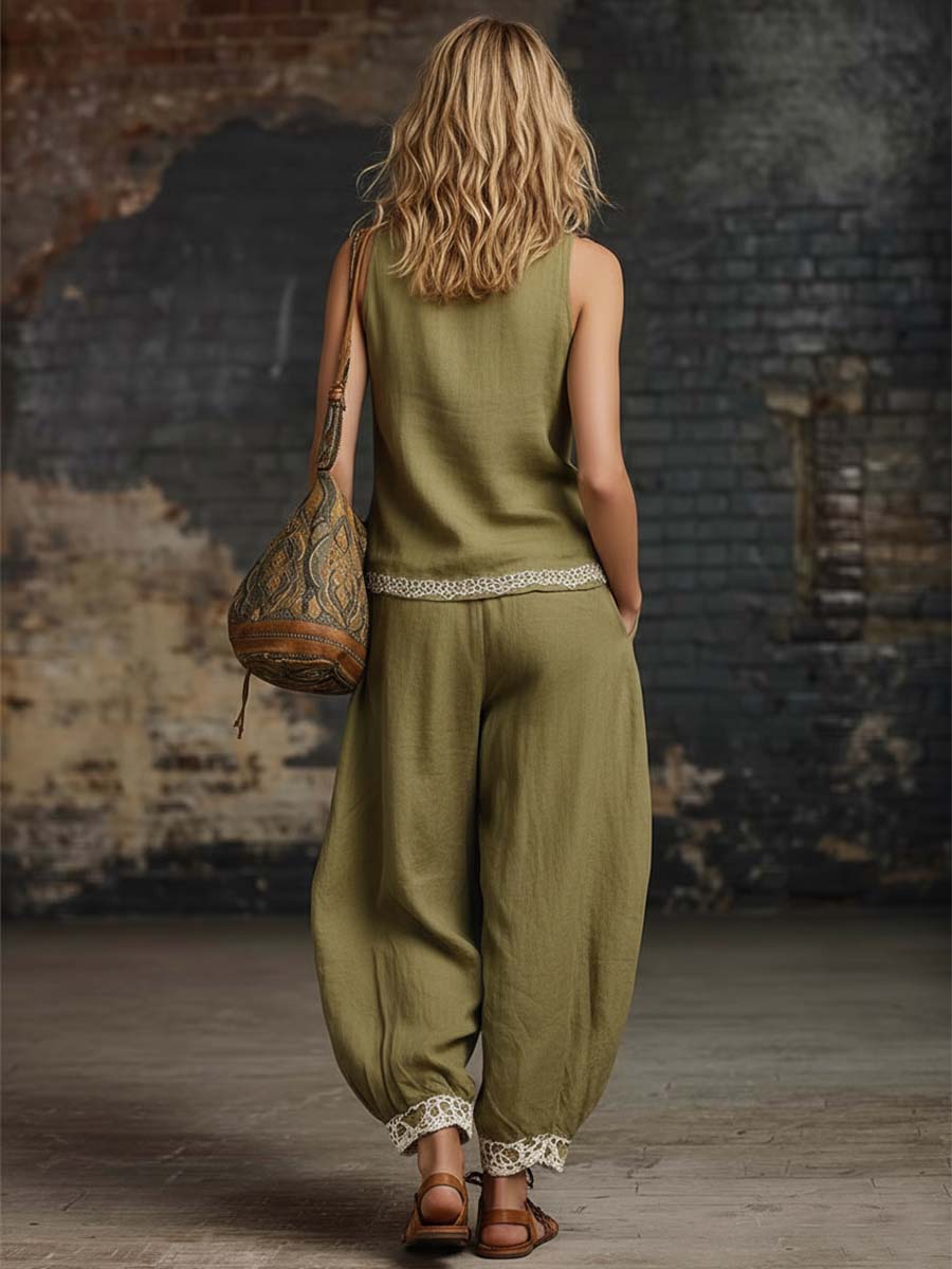 Retro Casual Urban V-neck Embroidered Lace Trim Olive Green Cotton Linen Top And Pants Set