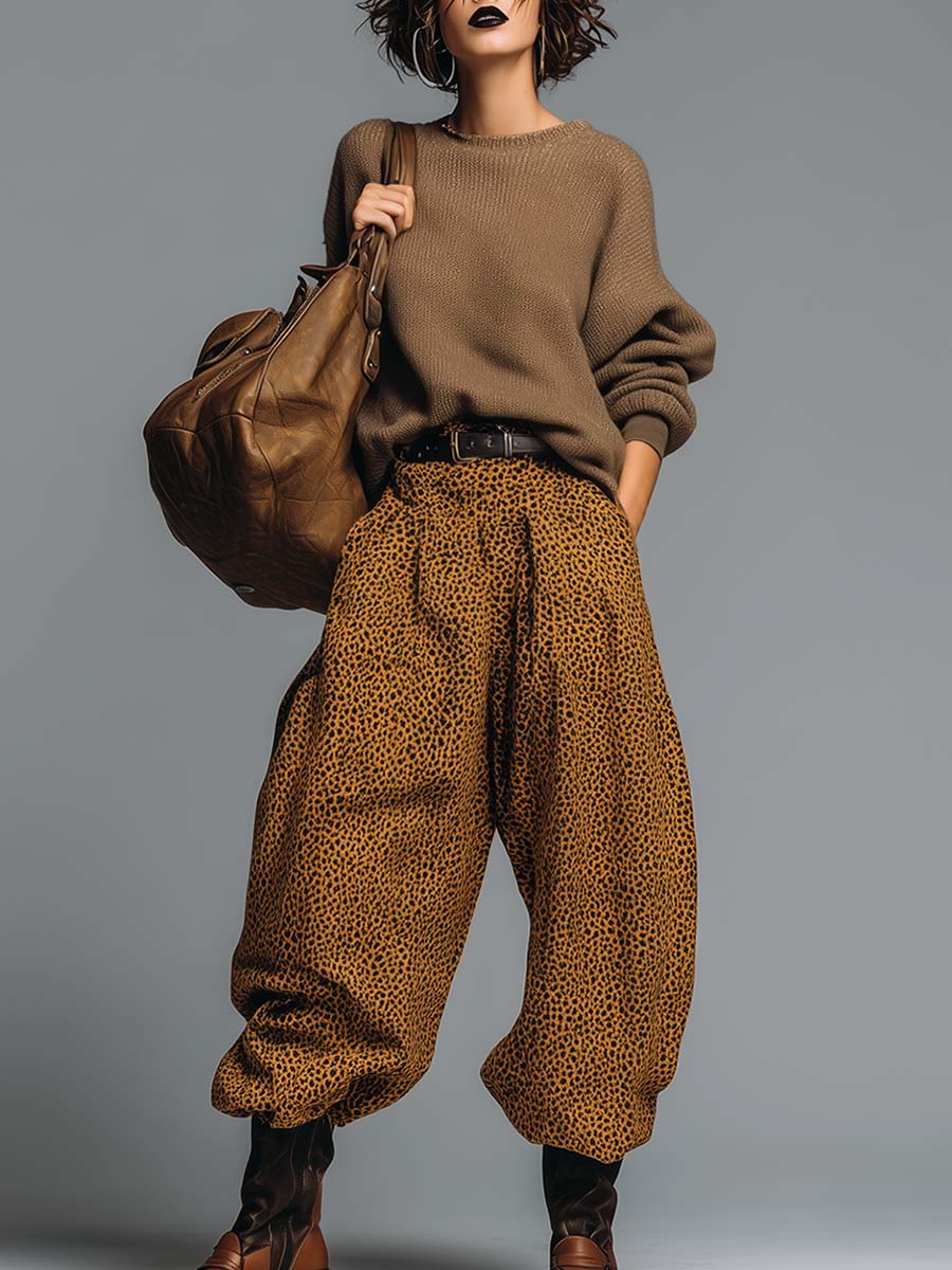 Retro Casual Brown Knitted Round Neck Pullover And Leopard Print Wide Pants Set