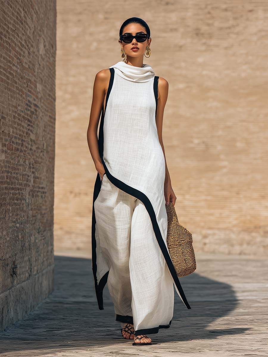 Temperament Casual Hooded White Black Trim White Cotton And Linen Asymmetrical Long Top And Pants Set