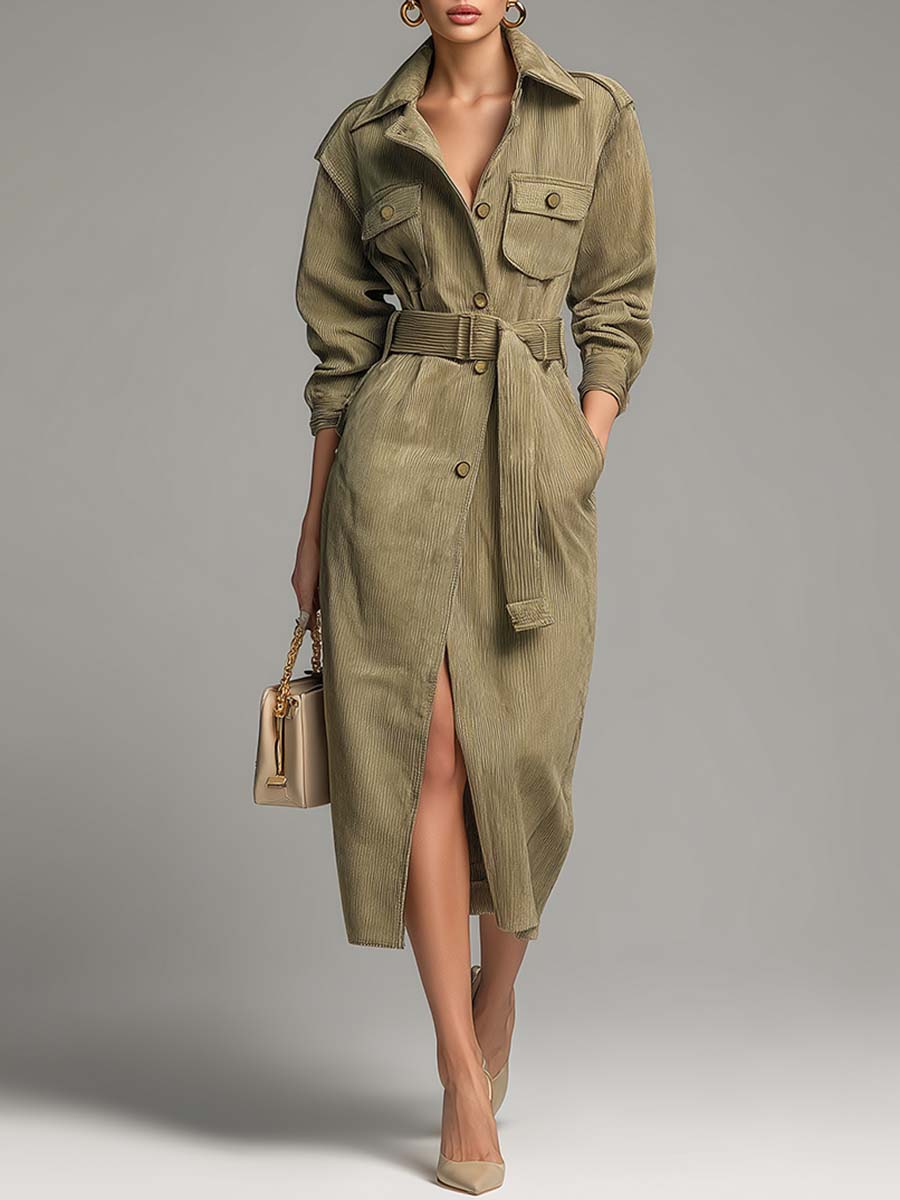 Retro Fashion Green Corduroy Workwear Midi Dress