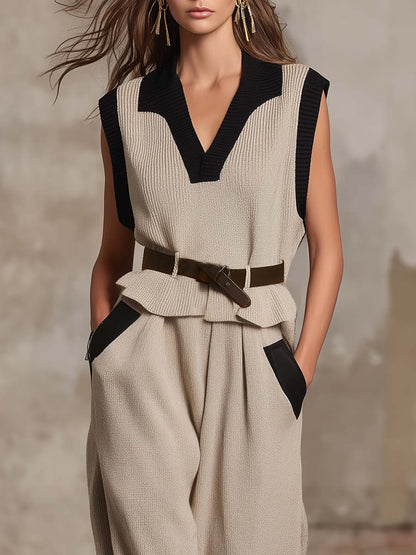 Casual Urban Black Trim Beige Knitted V-neck Sleeveless Top And Pants Set