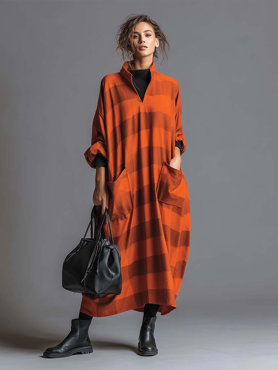 Vintage Fashion Ultra Loose V-neck Large Pockets Orange And Brown Wide Striped Maxi Dress