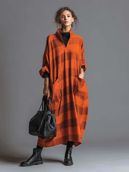 Vintage Fashion Ultra Loose V-neck Large Pockets Orange And Brown Wide Striped Maxi Dress