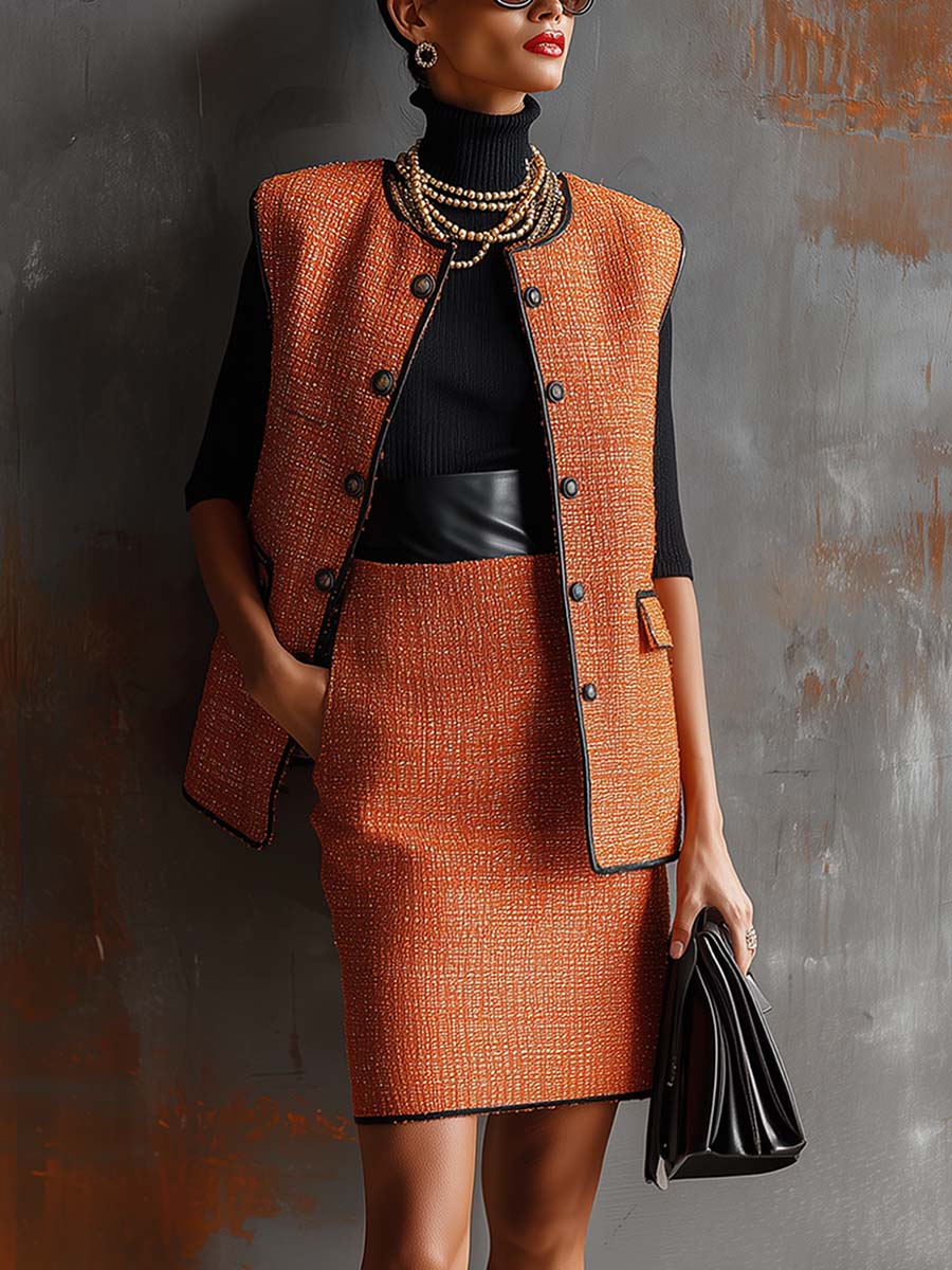 Versatile And Fashionable Orange Tweed Round Neck Front Button Sleeveless Jacket And Skirt Set