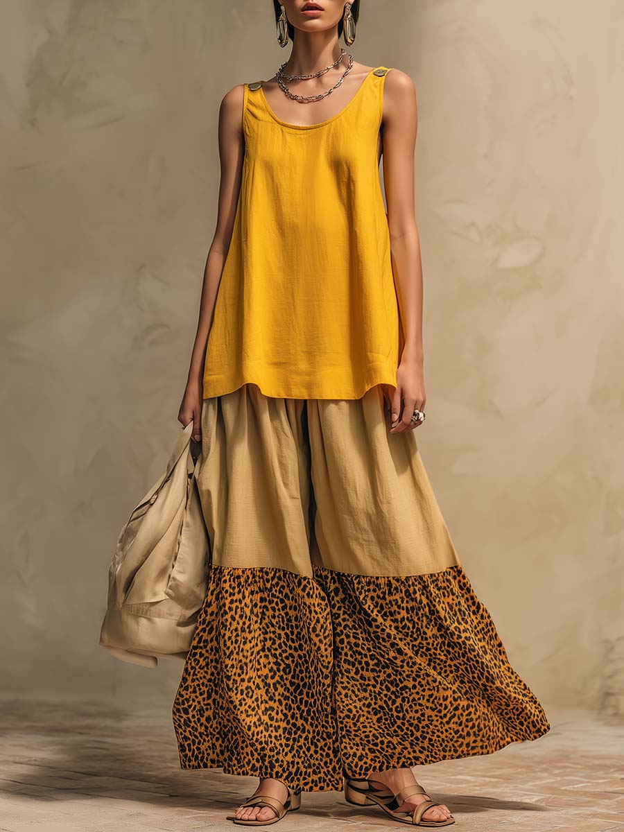 Retro Urban Yellow Cotton Vest And Leopard Print Chiffon Pants Set