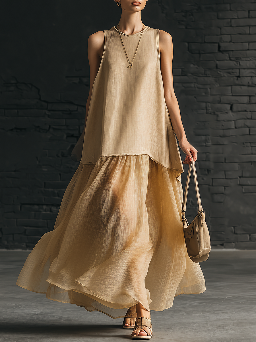 Retro-Chic Sleeveless Round-Neck Spliced Chiffon Hem Beige Cotton Maxi Dress