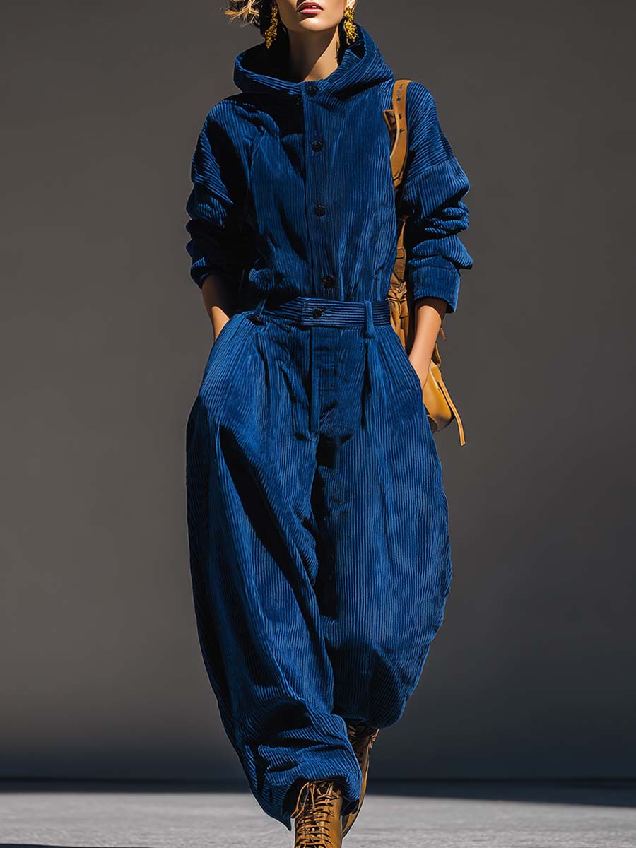 Casual And Fashionable Royal Blue Corduroy Hooded Button-front Top And Machete Pants Set
