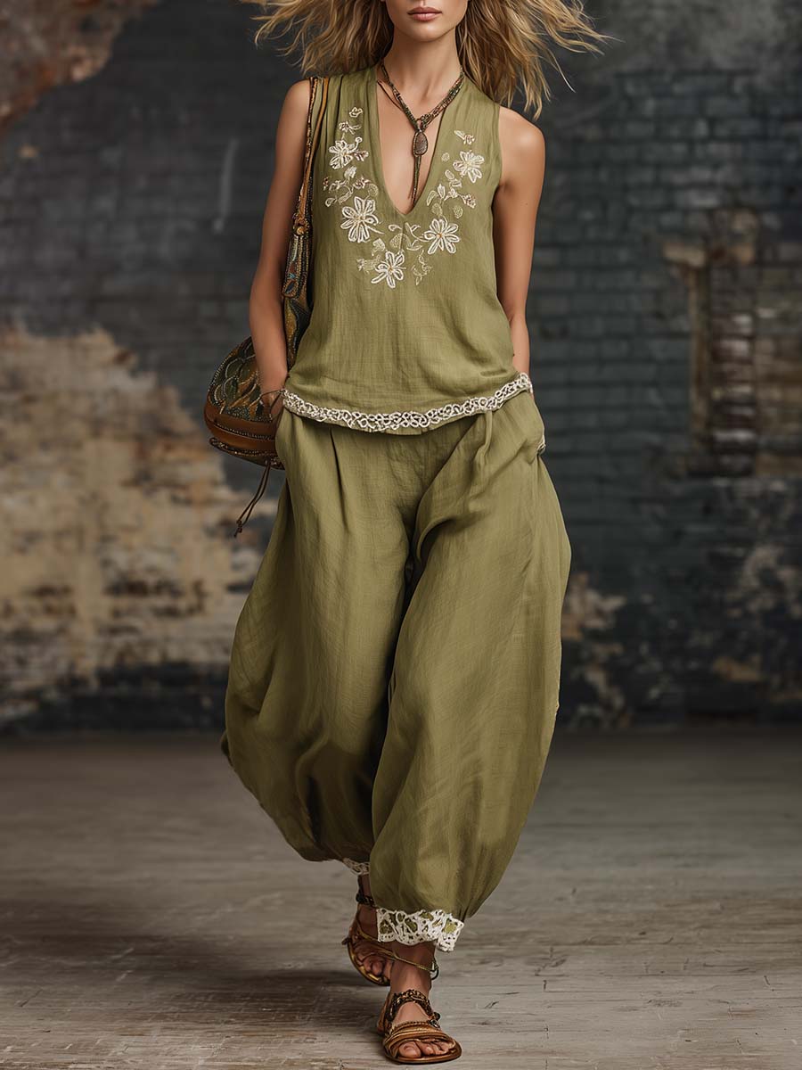 Retro Casual Urban V-neck Embroidered Lace Trim Olive Green Cotton Linen Top And Pants Set